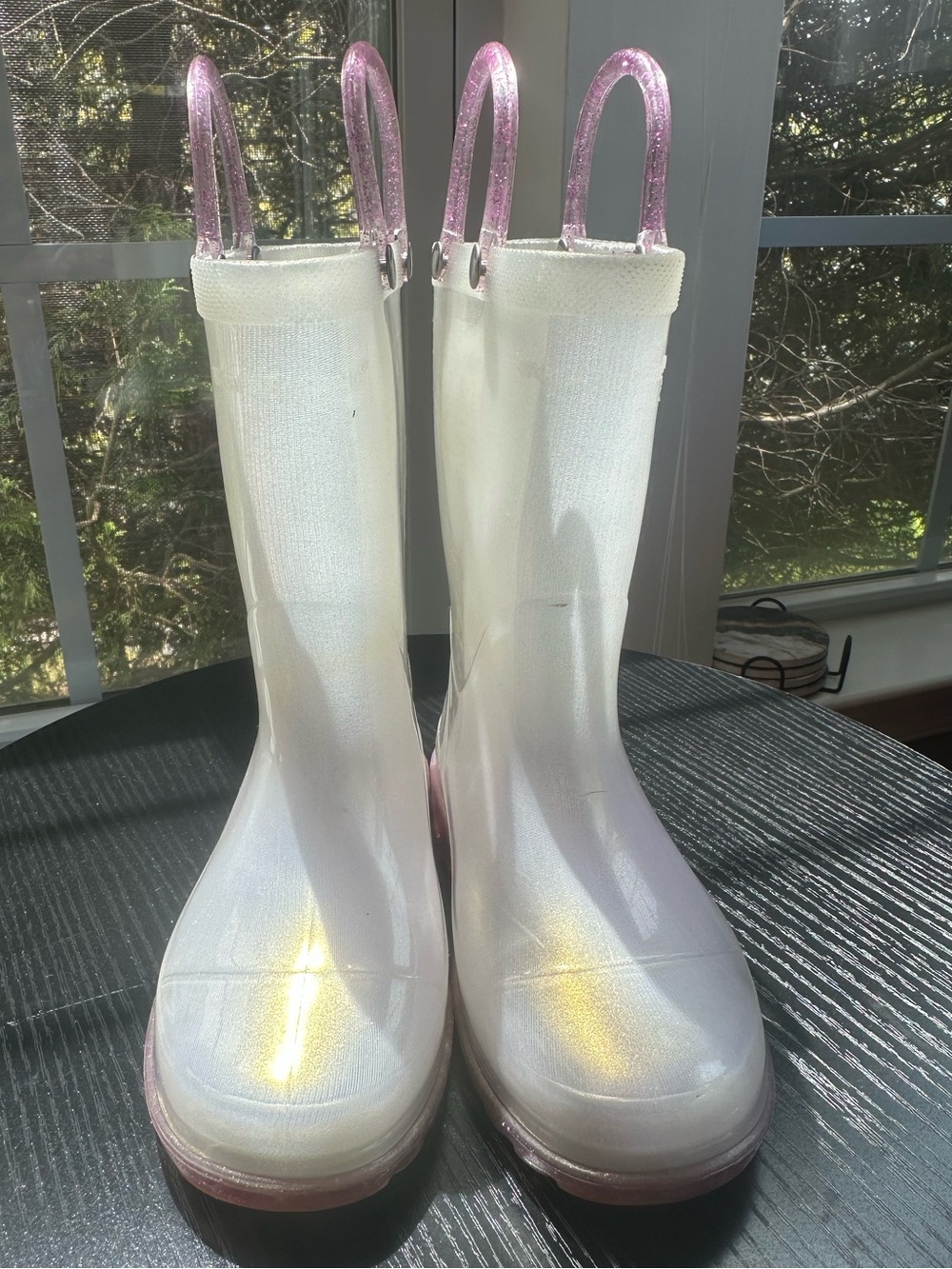 Western Chief Iridescent White Rain Boots with Pink Glitter Handles